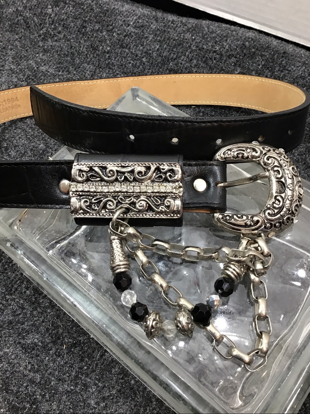 Leatherrock vintage Black Leather Chain Accent Belt with Silver Filigree Buckle